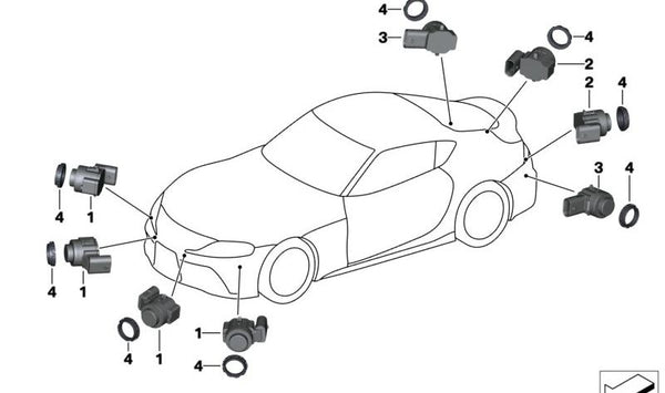 Sensor de aparcamiento por ultrasonidos OEM 66207927799 para BMW F44. Compatible con sistema de asistencia al aparcamiento. Color Storm Bay. Original BMW.