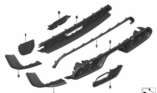 Rejilla inferior derecha parachoques OEM 51127365160 para MINI F55, F56, F57. Compatible con versiones Cooper S y con sensores PDC. Recambio original MINI.