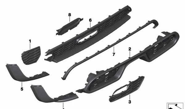 Rejilla inferior derecha parachoques OEM 51127365160 para MINI F55, F56, F57. Compatible con versiones Cooper S y con sensores PDC. Recambio original MINI.