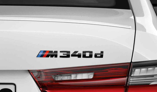 ///M 340d PERFORMANCE BLACK emblem compatible with BMW 3 Series G20, G21, 2019-2024. Original BMW.