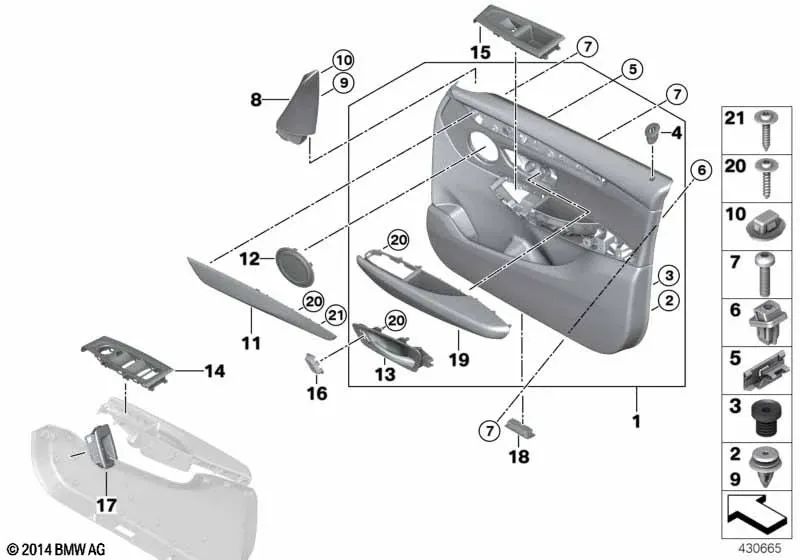 Front left door trim for BMW 2 Series F45, F46 (OEM 51417404801). Original BMW