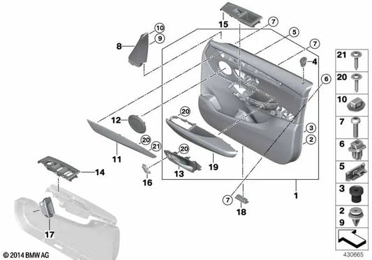 Front left door trim for BMW F45, F46 (OEM 51418064115). Original BMW