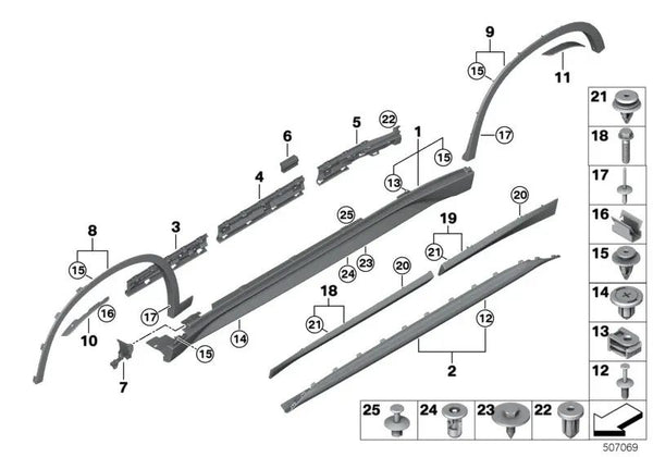 Soporte de la tapa del umbral derecho para BMW X1 F48, F49 (OEM 51127332336). Original BMW
