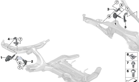 Soporte sensor de nivelación delantero OEM 37146896286 para BMW F70, U06, F74, U11, U12, U10, F65, F66, U25. Original BMW.