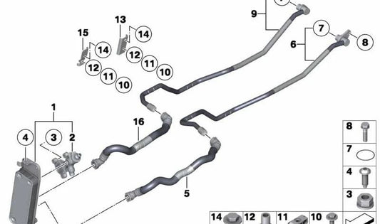 Ritorno al tubo del radiatore dell'olio del cambio OEM 17227590902 per BMW F01, F02. BMW originale.