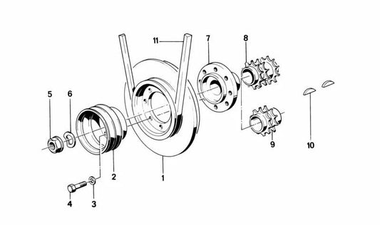 Polea de cigüeñal OEM 11231706725 para BMW E34, E24, E32 con motor M30. Compatible con modelos 530i, 535i, 635CSi. Repuesto original BMW.
