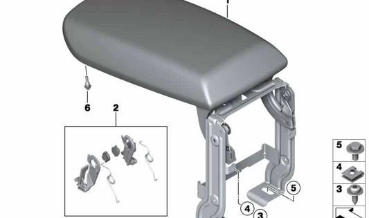 Apoyabrazos central delantero en cuero OEM 51169216672 para BMW X3 F25 y X4 F26. Compatible con versiones sDrive18d, sDrive20i. Original BMW.