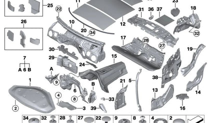 Divisória à prova de som para BMW Série 1 F20, F21, Série 2 F22, F23, F87, Série 3 F30, F31, F34, F35, F80, Série 4 F32, F33, F36, F82, F83 (OEM 51487394289). BMW originais.