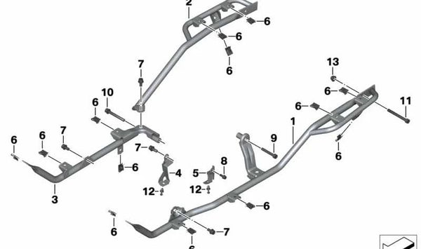 Soporte izquierdo del estribo OEM 46718527375 para BMW Motorrad K1. Compatible con todos los modelos BMW K1. Pieza original BMW Motorrad.