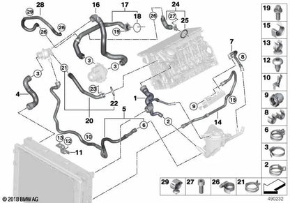 Coolant Inlet Pipe for BMW F07, F10, F11, F18, F06, F12, F13, F01N, F02N (OEM 11537583902). Genuine BMW.