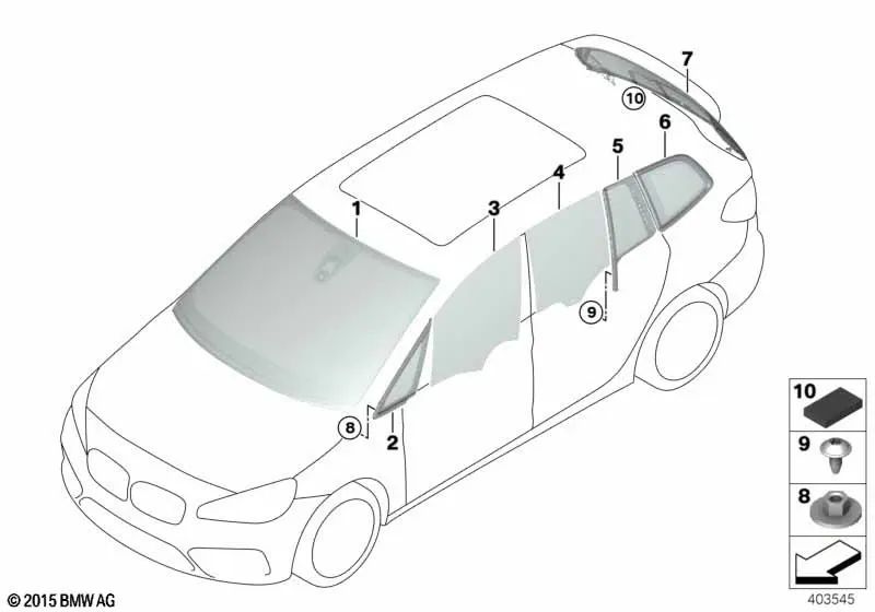 Cristal lateral fijo trasero izquierdo para BMW Serie 2 F46, F46N (OEM 51377397363). Original BMW.
