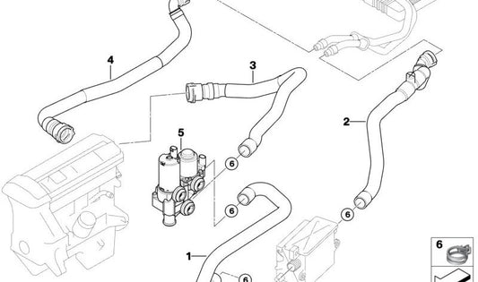 Manguito de bomba de agua adicional OEM 64213400407 para BMW X3 E83 3.0d (modelos PB51, PB61, PD01, PD02, PD51, PD52, PD61, PD62, PD91, PD92). Original BMW.