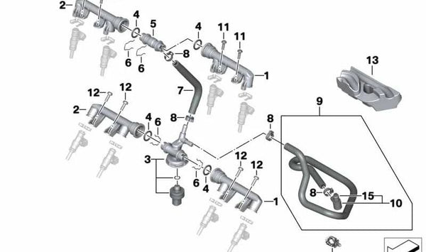 Rail de inyección izquierda OEM 13547717199 para BMW Motorrad S 1000 RR, S 1000 R, S 1000 XR, HP4 Race. Original BMW Motorrad.