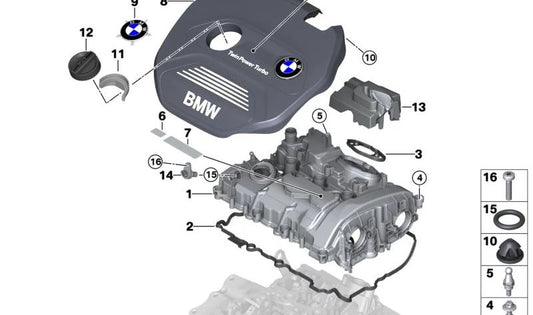 Cubierta acústica de culata OEM 11128604754 para BMW F45, F48, F39 (225xe, xDrive25e). Reduce ruido del motor y mejora el aislamiento. Original BMW.