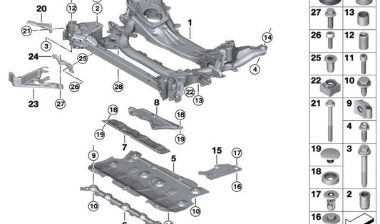 Adaptador guía deslizante izquierdo OEM 31106883603 para BMW G20, G20N, G23, G23N. Pieza original BMW. Ideal para soporte del eje delantero y subchasis. Compatible con versiones con y sin tracción total.
