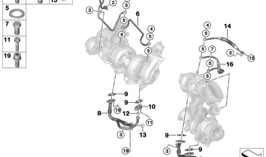 Tubo de aceite retorno baja presión OEM 11428575427 para BMW G30, G31, G11, G12, G05, G06, G07. Original BMW.