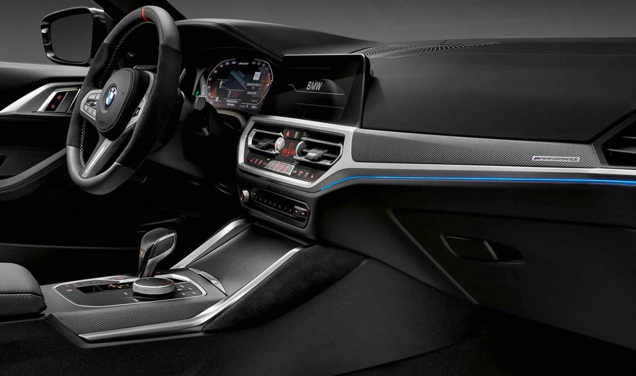 Juego de molduras interiores M Performance en carbono y Alcantara OEM 51955A271A3 para BMW 2er G42 (218i, 220d, 220i, 230i, M240i, M240i xDrive) y BMW 3er G20 (316d). Original BMW.