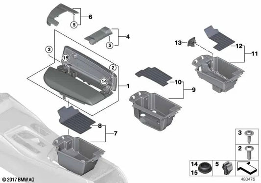 Organizando a bandeja dos reestazos centrais para BMW F90, G30, G31, G38, G32 (OEM 51169483809). BMW original