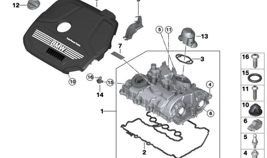 Juego de juntas tapa balancines OEM 11129797215 para BMW Serie 1 F20, F21; Serie 2 F22, F23, F45, F46; Serie 3 F30, F31, F34, G20; Serie 4 F32, F33, F36; X1 F48; X2 F39. Original BMW.
