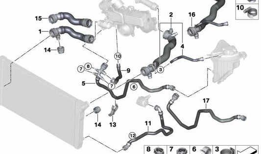 Soporte de manguito OEM 17127619697 para BMW F10 y F07 (modelos 520i, 528i, 530d, 530d xDrive). Pieza del sistema de refrigeración. Original BMW.