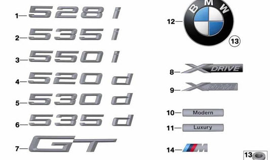 Emblème "GT" 51147329738 pour BMW F07. BMW d'origine.