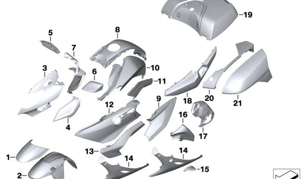 Revestimiento lateral inferior derecho color Monolith Met. OEM 46638569050 para motos BMW K1600 GT, K1600 GTL (K48). Original BMW Motorrad.