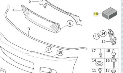 OM 5111229396 Front Paragolpe Assembly Kit für BMW E46. Beinhaltet Schrauben, Unterlegscheiben, Nüsse, Heftklammern und notwendige Nieten. Original BMW.