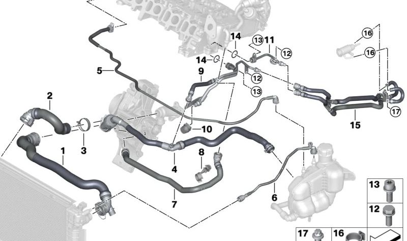 Manguito del vaso de expansión OEM 17128580485 para BMW F40, F44, F45, F46, F48, F39 y MINI F54, F60. Original BMW y MINI.
