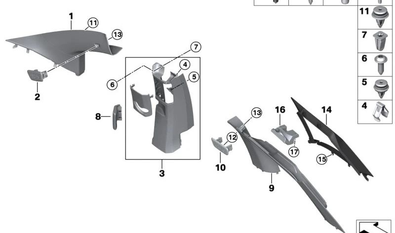 Marco de ventana pilar C derecho OEM 51437306906 para BMW i3 {I01, I01N}. Recambio original BMW.