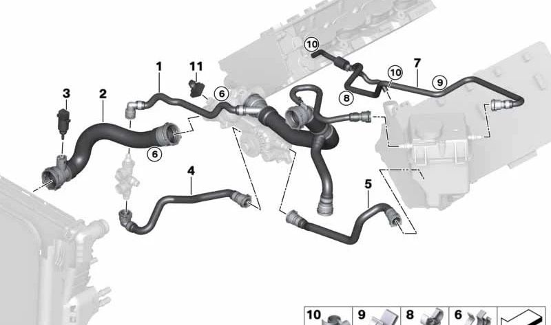 Manguera del sistema de refrigeración OEM 17127509965 para BMW E53. Original BMW.