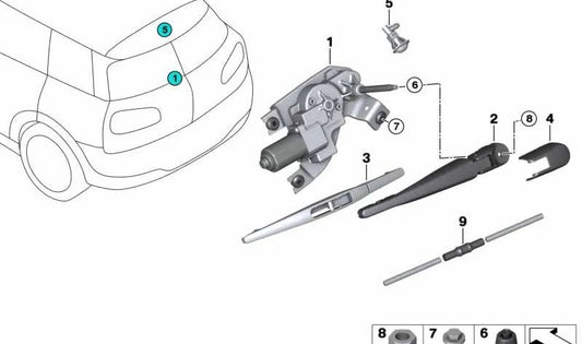 Motor limpiaparabrisas trasero izquierdo OEM 61627365819 para MINI F54 (Cooper, Cooper S, variantes B36, B38) con cambio manual y automático. Compatible desde 2015 hasta 2024. Original MINI.