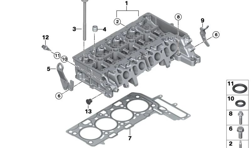 Cylinder head gasket for BMW F20N, F21N, F22, F23, F45, F46, F30, F31, F34, F32, F33, F36, F10N, F11N, G30, G31, G11, G12, F48, F39, F25, G01, F26, G02, F15, Mini F54, F56, F57, F60 (OEM 11128513701). Genuine BMW.