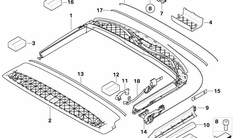 Guía de fijación (Befestigungsleiste) OEM 54347163653 para MINI R52 {Cooper, Cooper S, One} {Modelos: RF31, RF32, RF41, RF42, RH31, RH32, RH41, RH42, RD31, RD32}. Original MINI.