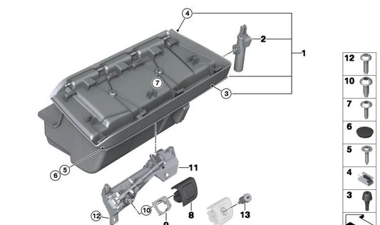 Amortiguador guantera OEM 51169326043 para BMW i3 (I01) versiones 60Ah y 120Ah con y sin Rex. Compatible con modelos de 2013 a 2022. Original BMW.