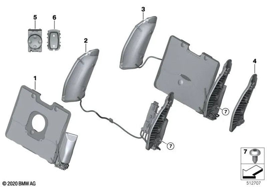 Apoio lombar com ajuste de largura do encosto para BMW Série 2 G42, G87, Série 3 G20, G20N, G21, G21N, Série 4 G22, G23, G26, X3 F97, F97N, G01, G01N, G08, X4 F98, F98N, G02, G02N (OEM 52107418340). BMW originais.