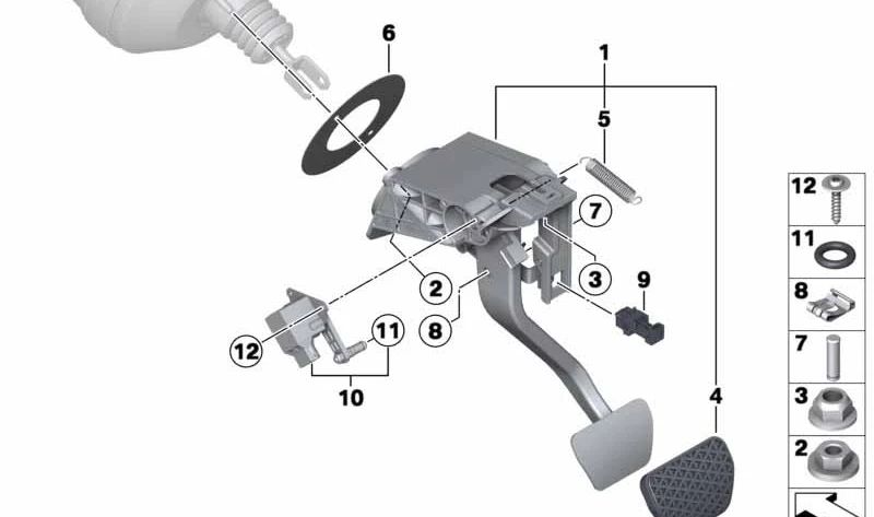 Conjunto pedal freno automático OEM 35006876799 para BMW F30 330e y ActiveHybrid 3. Compatible con modelos automáticos con tracción trasera. Original BMW.