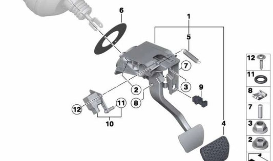 Conjunto pedal freno automático OEM 35006876799 para BMW F30 330e y ActiveHybrid 3. Compatible con modelos automáticos con tracción trasera. Original BMW.