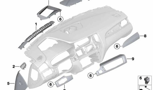 Embellecedor salpicadero negro brillante lado conductor OEM 51459329354 para BMW F25, F26. Repuesto original BMW.