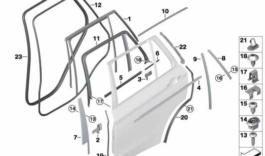 Moldura guía de ventana izquierda OEM 51357289657 para BMW X5 F15, X5 M F85. Original BMW.