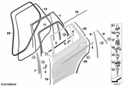 Junta de puerta trasera para BMW F15, F85 (OEM 51227289638). Original BMW.