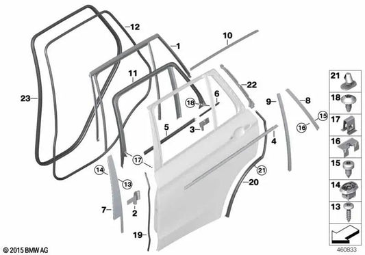 Rear Right Door Latch Seal for BMW X5 F15, F85 (OEM 51357289674). Original BMW