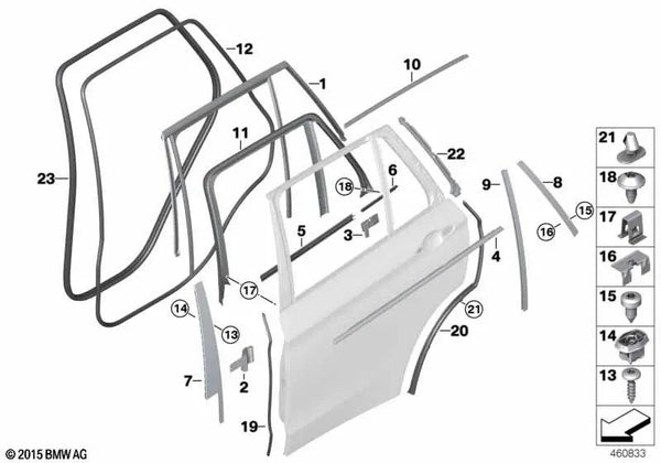Sellado del pestillo de la puerta trasera derecha para BMW X5 F15, F85 (OEM 51357289674). Original BMW