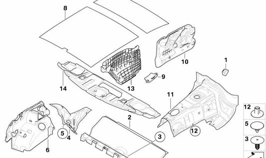 Aislante acústico lateral trasero derecho OEM 51436975356 para BMW E81 116d, 116i {Todos los modelos compatibles}. Original BMW.