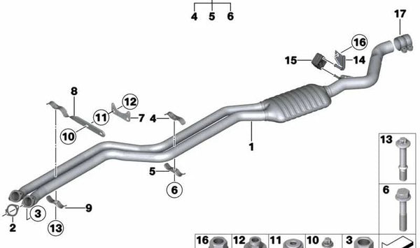 Tubo de escape con silencioso intermedio OEM 18307560013 para BMW E82 y E88 125i (N52K, manual y automático, tracción trasera, 2007-2013). Original BMW.
