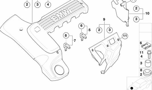 Cubierta acústica izquierda OEM 11147785145 para BMW E39. Original BMW.