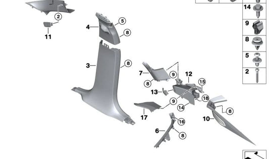 Embellecedor de la columna D superior izquierda para BMW X6 F96, G06 (OEM 51438095621). Original BMW