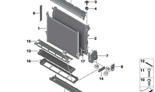 Soporte izquierdo del radiador OEM 17118632141 para BMW F90, G30, G31, G32, G11, G12, F91, F92, F93, G14, G15, G16. Original BMW.