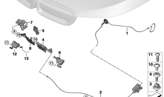 Gancho de seguridad OEM 51237306601 para BMW i3 {I01: 60Ah, 94Ah, 120Ah, Rex} (2013-2022). Pieza original BMW.