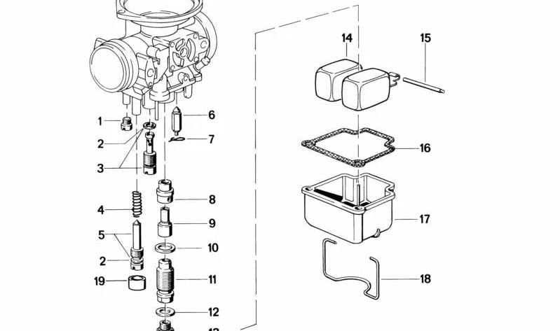 LEFT FLOAT BODY OEM 13112316441 FOR BMW {R100, R100RS, R100RT, R100S, R100CS, R100GS, R100R, R65, R80, R80RT, R80G/S, R80GS, R80ST}. Original BMW piece.