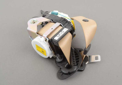 Cinturón seguridad delantero izquierdo con limitador fuerza OEM 72117226653 para BMW E90, E91. Color beige. Original BMW.